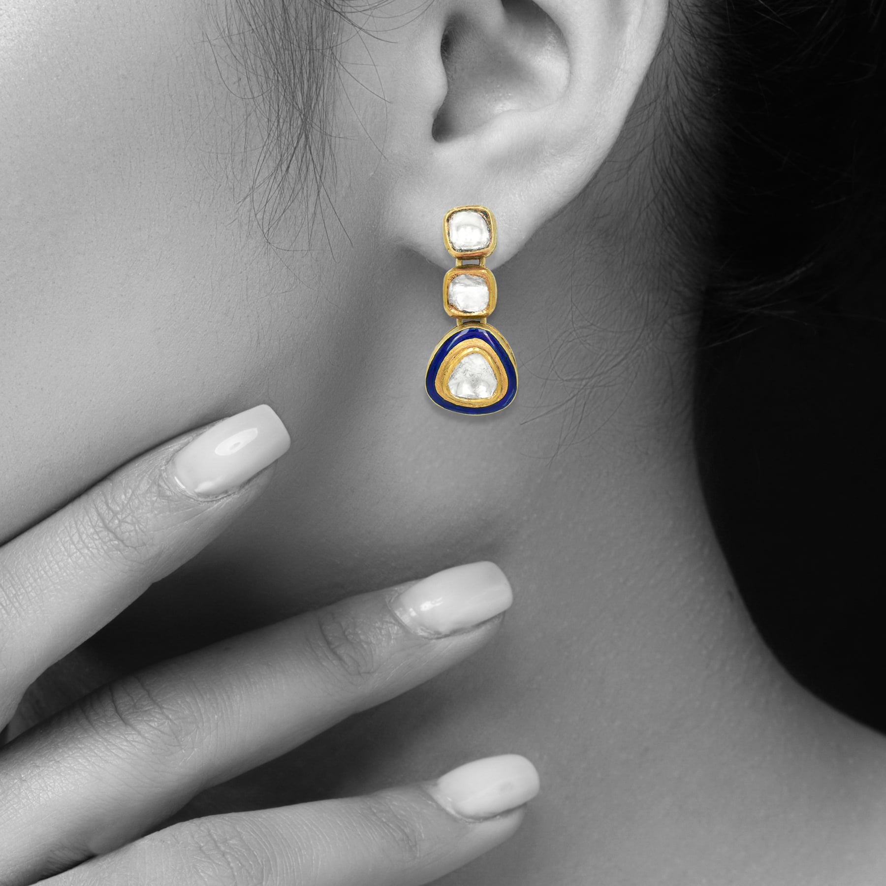 Triangle Polki Earrings with Blue Enamel